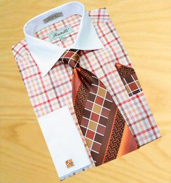 Fratello White With Burgundy / Brown / Apricot Plaid Design Dress Shirt / Tie / Hanky Set Free Cufflinks FRV4114P2