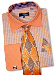Avanti Uomo Peach / White Contrast Pattern Dress Shirt / Tie / Hanky / Cufflink Set DN76M
