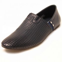Fiesso Navy Blue Leather Perforated Loafer Shoes FI2134