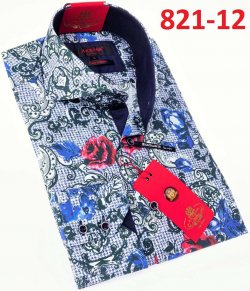 Axxess White/ Red/ Blue Flower Design Cotton Modern Fit Dress Shirt With Button Cuff 821-12.