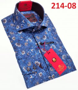 Axxess Blue / Beige Cotton Flower Design Modern Fit Dress Shirt With Button Cuff 214-08.