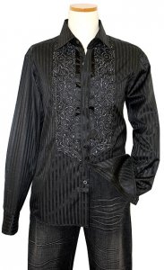 Saint Cado "Signature" Black With Shadow Stripes And Grey Embroidery Long Sleeves Cotton Blend Shirt S-2130
