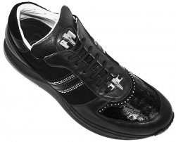 Mauri 8734 Black Genuine Crocodile And Nappa Leather/Suede Casual Sneakers With Silver Mauri Crocodile Head & Rhine Stones