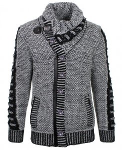 LCR Black / White Modern Fit Wool Blend Shawl Collar Zip-Up Cardigan Sweater 5565