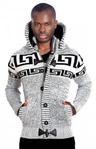 LCR Silver / Black Modern Fit Wool Blend Sherpa Lined Hooded Cardigan Sweater 6650
