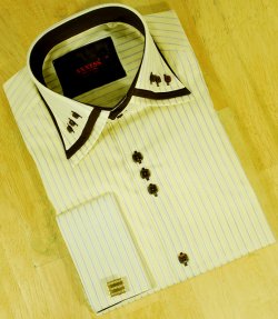 Axxess Butter With Chocolate Brown / White Pinstripes Tabbed Collar 100% Cotton Dress Shirt