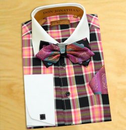 Don Jonathan Pink / White / Black Checkers Design Spread Collar 100% Dress Shirt with Double Layer Bow Tie / Hanky Set BG1031