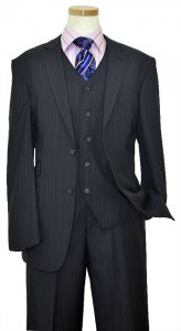 Luciano Carreli Collection Black / Dotted Sky Blue Pinstripes With Black Hand-Pick Stitching Super 150'S Vested Suit 3238-4201