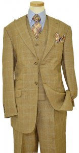 Luciano Carreli Collection Sand / Brown Mini Houndstooth Design With Sky Blue Windowpanes Hand-Pick Stitching Super 150'S Vested Suit 6291-9123