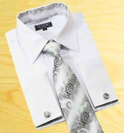 Tessori White Shadow Stripes Spread Collar Shirt With / Tie / Hanky Set With Free Cufflinks SH-303