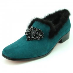 Fiesso Green / Black Suede With Rhinestones / Fur Slip-On Shoes FI7306.