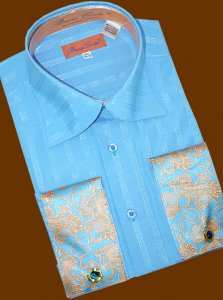 Bruno Conte Powder Blue Self Stripes Dress Shirt With Cognac Paisley Design French Cuffs & Free $50 Cufflings