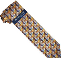 Steven Land Collection "Big Knot" SL002 Brown / Gold With Sky Blue Checks Design 100% Woven Silk Necktie/Hanky Set
