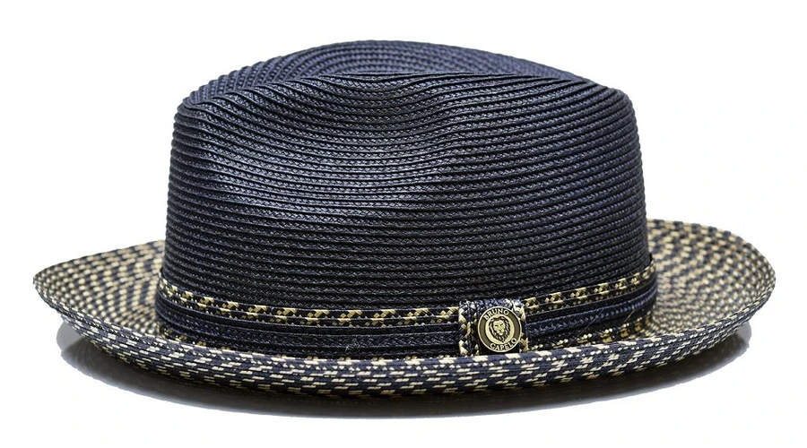 Bruno Capelo Navy Blue / Camel Grey Braided Straw Fedora Hat MA-923.