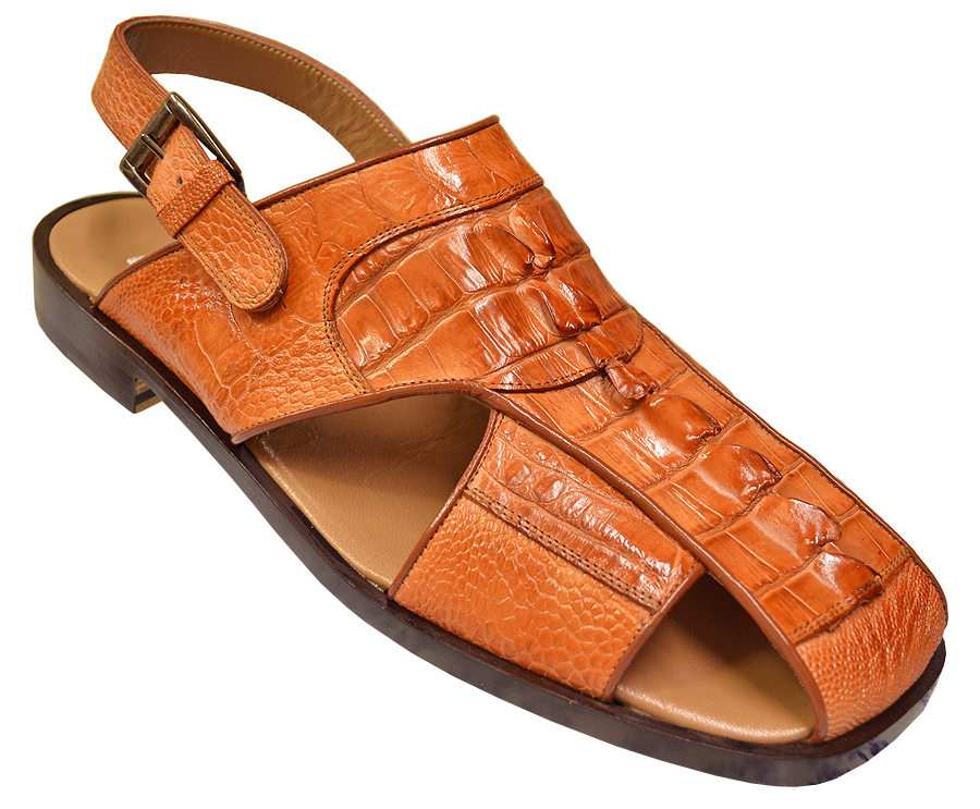 Mauri "1509" Cognac Hand Painted Genuine Hornback Crocodile Tail / Ostrich Sandals - Click Image to Close