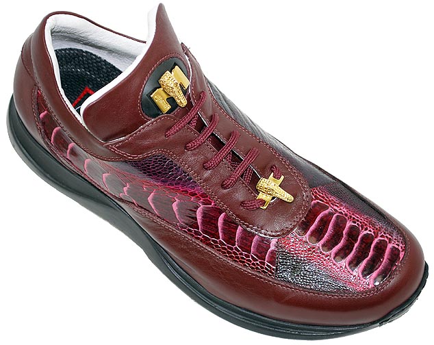 Mauri 8900 Ruby Red Bicolore Ostrich Leg And Nappa Leather Casual Sneakers With Gold Mauri Alligator Head - Click Image to Close