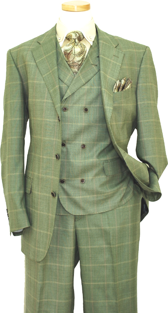 Extrema Mint Green Plaid With Taupe and Pink Windowpanes Super 140's Wool Vested Suit HA00165 - Click Image to Close