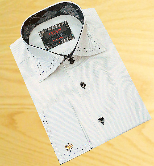 Axxess White With Black Double Handpick Stitching 100% Cotton Dress Shirt 02-215 - Click Image to Close