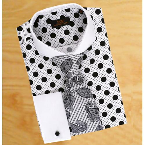 Steven Land  White With Black Polka Dots With White Spread Collar /  White French Cuffs 100% Cotton Dress Shirt DM1245