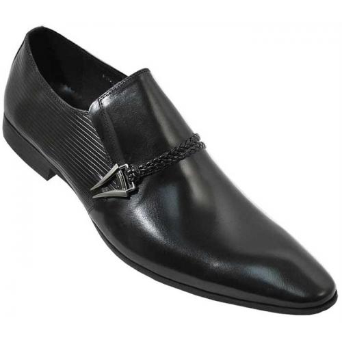 Encore By Fiesso Black Genuine Italian Calf Leather Loafer Shoes With Weaved Leather Bracelet FI6628