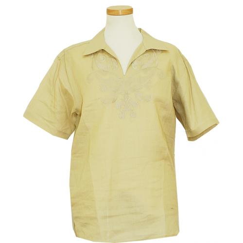 Successo Tan With Tan Embroidery 100% Linen Casual Pullover Shirt