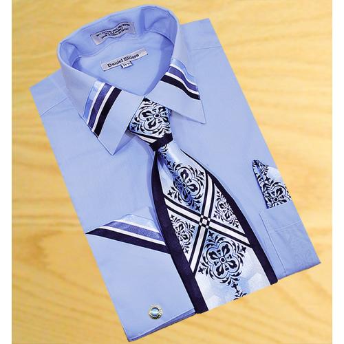 Daniel Ellissa Light Blue With Navy /  Sky Blue / White Trimming Shirt / Tie / Hanky Set DS3745P2