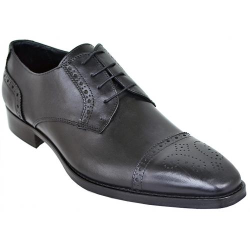Duca Di Matiste 1509 Black Genuine Italian Calfskin Leather Shoes With Toe Perforation