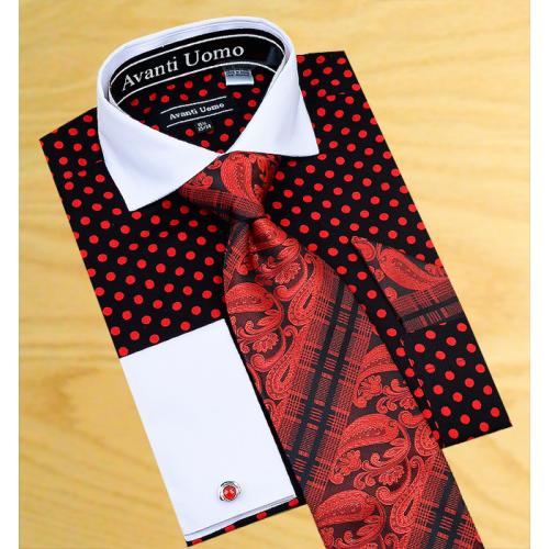 Avanti Uomo Black / Red Polka Dots With White Spread Collar Shirt / Tie / Hanky Set With Free Cufflinks DN47M