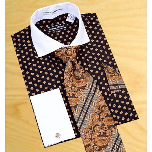 Avanti Uomo Black / Brown Polka Dots With White Spread Collar Shirt / Tie / Hanky Set With Free Cufflinks DN47M