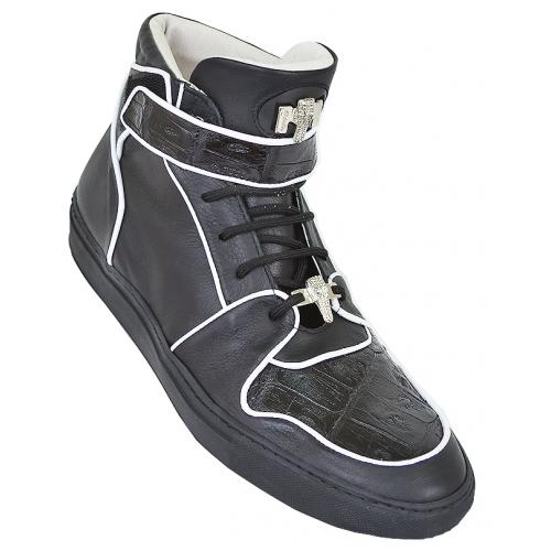 Mauri 8783/1 Black Genuine Alligator High Top Sneakers With White Trimming And Monk Strap