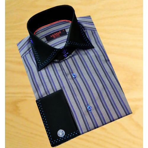 Axxess Charcoal Grey / Navy Blue / Black With Sky Blue Design 100% Cotton Dress Shirt 06-15