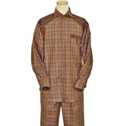 Inserch Brown / Rust Plaid Design Soft Micro Poly / Suede Long Sleeve 2pc Outfit 115