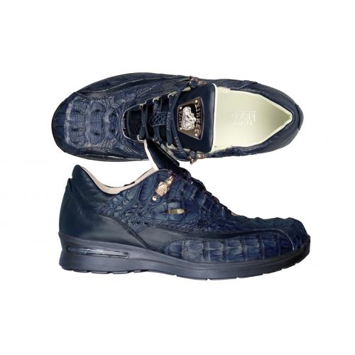 Fennix Italy 3044 "Dinosaur" Navy All-Over Genuine Hornback Crocodile With Eyes, Tail & Silver Alligator Head Casual Sneakers