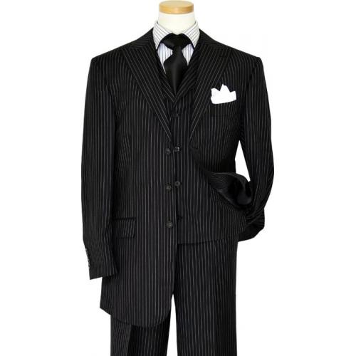 Luciano Carreli Collection Black With Silver Grey Pinstripes With Black Hand-Pick Stitching Super 150'S Vested Suit 6289-9179