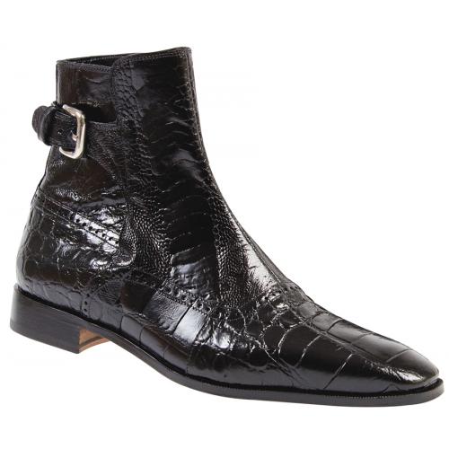 Mauri "Kensington" 4398 Black Genuine Alligator / Ostrich Leg Boots With Ankle Buckle