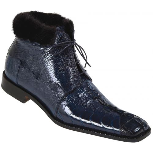Mauri "Vail" 4409 Wonder Blue Genuine Hornback Crocodile Tail / Ostrich Leg With Black Mink Fur Lining Boots