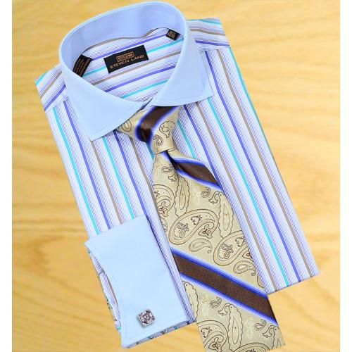 Steven Land White / Sky Blue / Royal Blue/ Taupe/ Teal Stripes 100% Cotton Dress Shirt With Sky Blue Spread Collar / Sky Blue French Cuffs