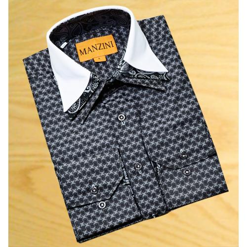 Manzini Black Jaquard With Black/ Grey/ White Paisley Triple Layered High Collar 100% Cotton Dress Shirt V2
