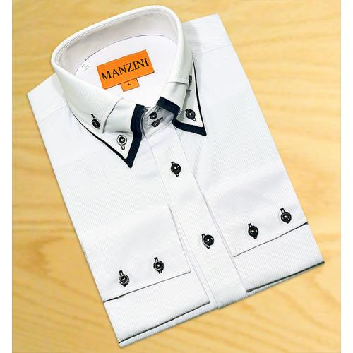 Manzini White Shadow Pinstripes With Black/ White Triple Layered High Collar 100% Cotton Dress Shirt V3