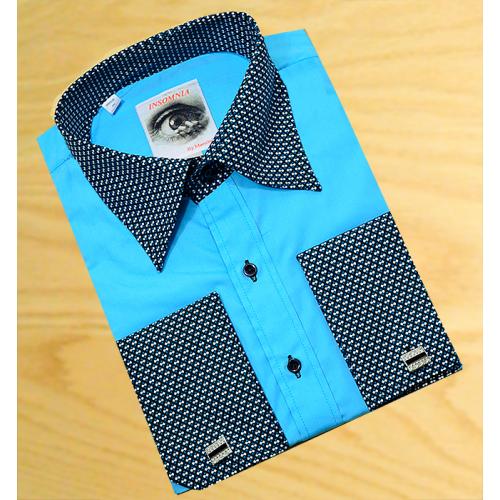 Insomnia Turquoise With Turquoise / Black / White Trimming High Collar French Cuff 100% Cotton Dress Shirt With Free Cufflinks W1