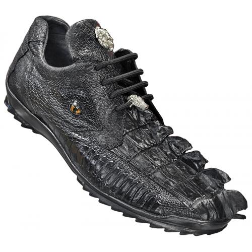 Belvedere "Lazzaro" Black Genuine Hornback Crocodile Tail / Ostrich Casual Sneakers With Eyes