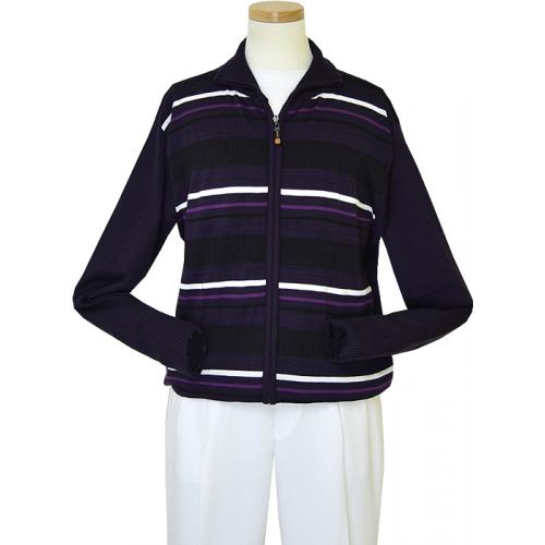 Pronti Violet / White / Black Horizontal Striped Zip-Up Sweater Mock Neck Sweater K-1682