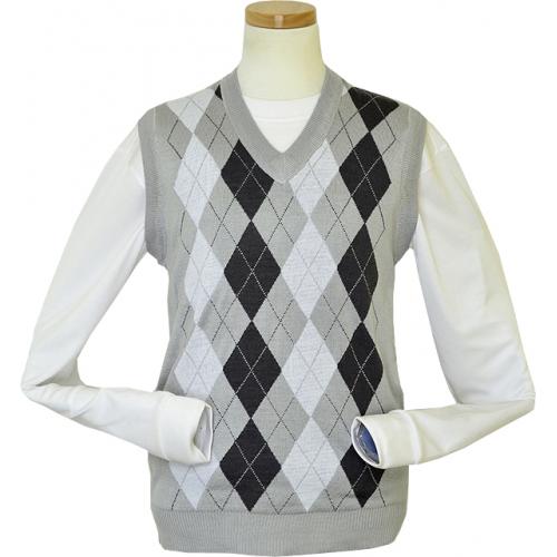 Pronti Silver / White / Charcoal Grey Diamond Design V-Neck Sweater Vest K1628