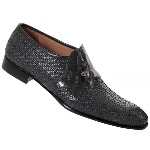 Mauri "4556" Dark Grey Genuine Crocodile Flanks / Woven Calf Leather Loafer Shoes