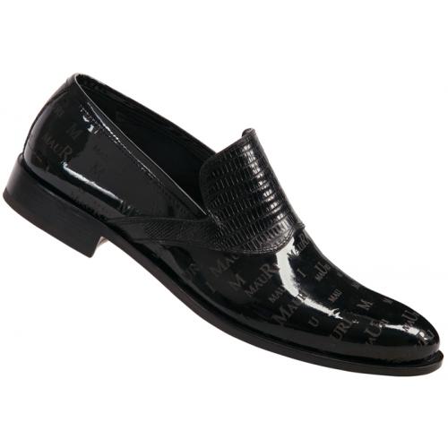 Mauri "4437" Black Genuine Tejus Lizard / Patent Leather Loafer Shoes With Mauri Laser Engraving