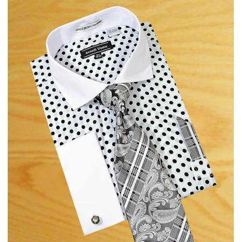 Avanti Uomo White / Black Polka Dots With White Spread Collar Shirt / Tie / Hanky Set With Free Cufflinks DN47M