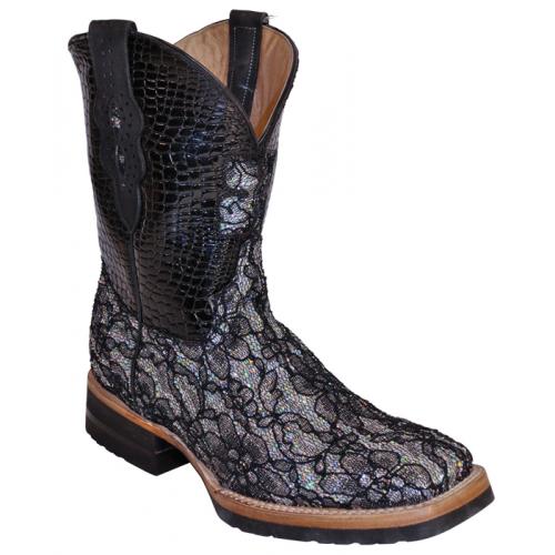 Ferrini Ladies 62793-34 Silver / Black Cool Floral Leather Cowgirl Boots