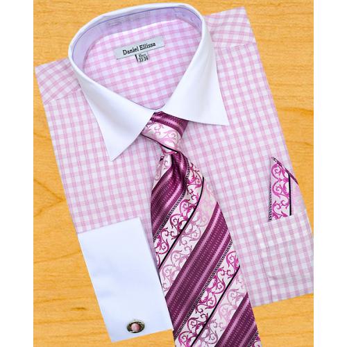 Daniel Ellissa White / Pink Windowpanes Shirt / Tie / Hanky Set With Free Cufflinks DS3762P2
