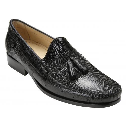 Belvedere "Bari" Black Genuine Alligator and Ostrich Skin Loafer Shoes With Tassels R11