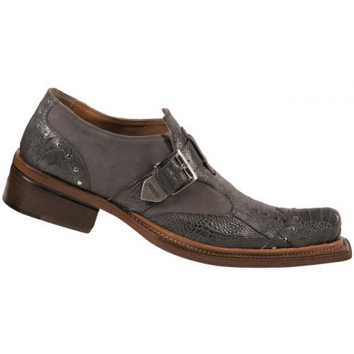 Mauri "Faraone" 44237 Medium Grey Genuine Ostrich Leg / Suede Loafer Shoes With Monkstrap